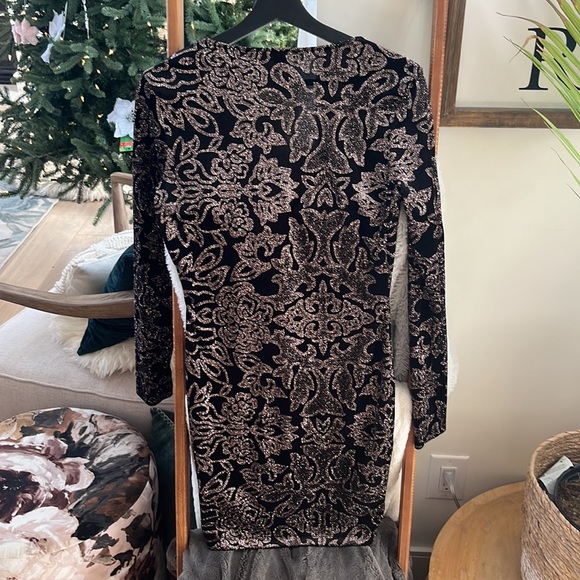 Black velvet with rose gold sparkle design long sleeve dress - Picture 4 of 4